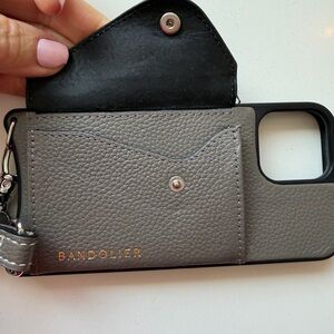 Bandolier Gray Leather Wrist Strap Phone Case Accessory with Silver Buckle